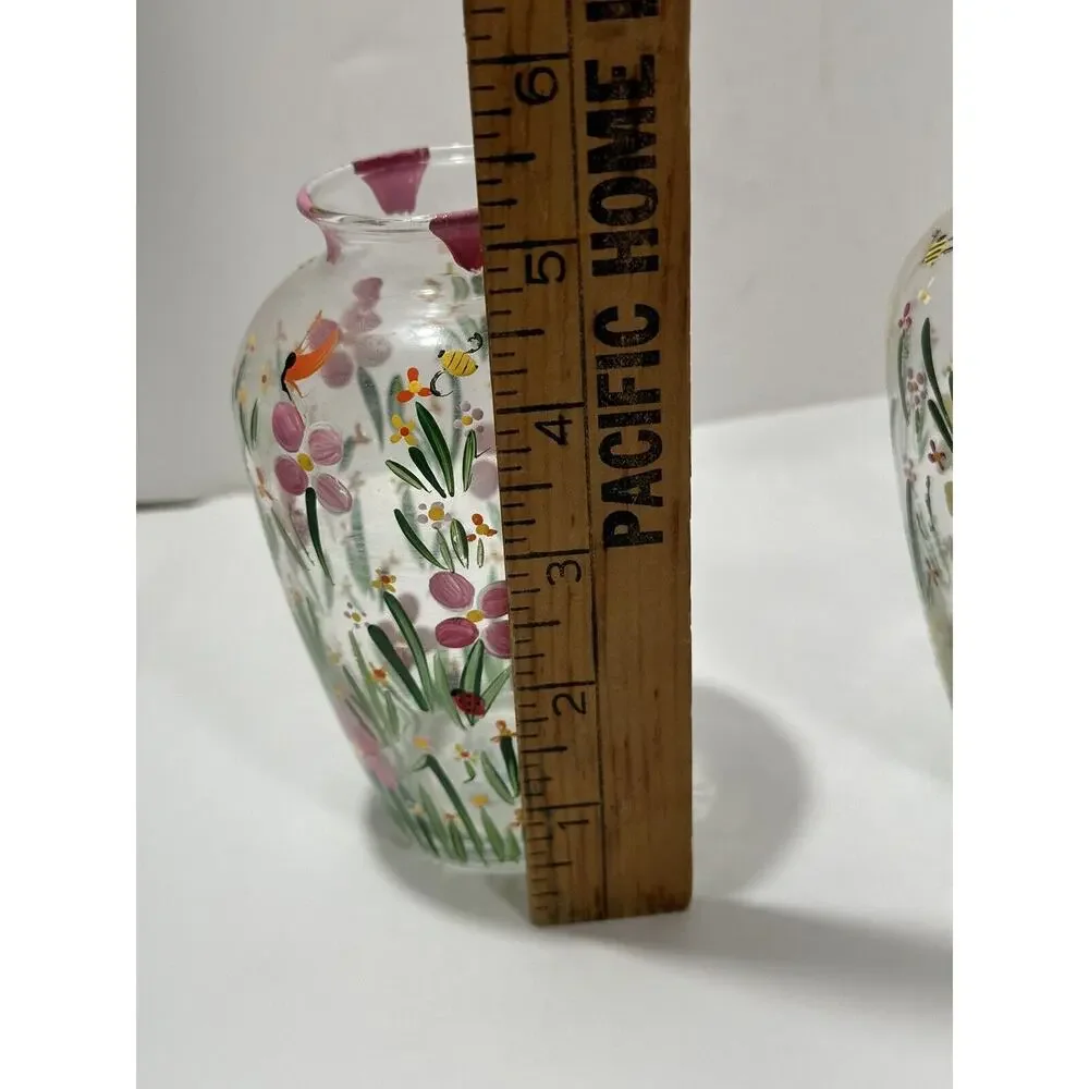 Set Of 2 Vintage Small Hand‎ Painted Floral Clear Glass Vase Signed K. LaRussa
